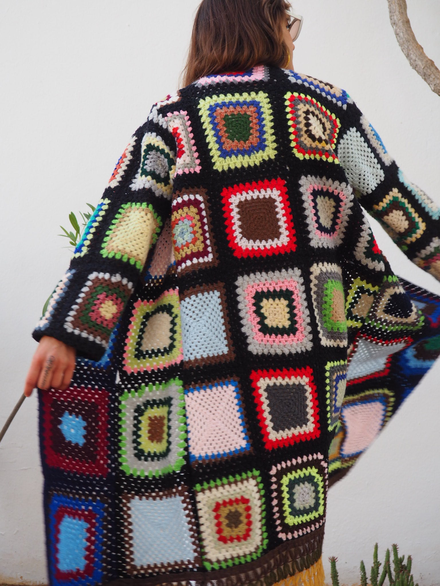 Vintage Granny Square Crochet Jacket,colourful waistcoat, Vintage Crochet Jacket, up cycled jacket , handmade jacket, striped jacket , vintage jacket, 1970s jacket , long waistcoat, slow fashion , sustainable fashion, vintage shop, ibiza vintage shop, ibiza style, bohemian jacket, boho jacket, colourful jacket, festival jacket, hippie style, 70s clothing, original vintage, recycled fashion brand, sustainable fashion brand, slow fashion brand, rainbow fashion, knitted jacket, woven jacket, winter jacket