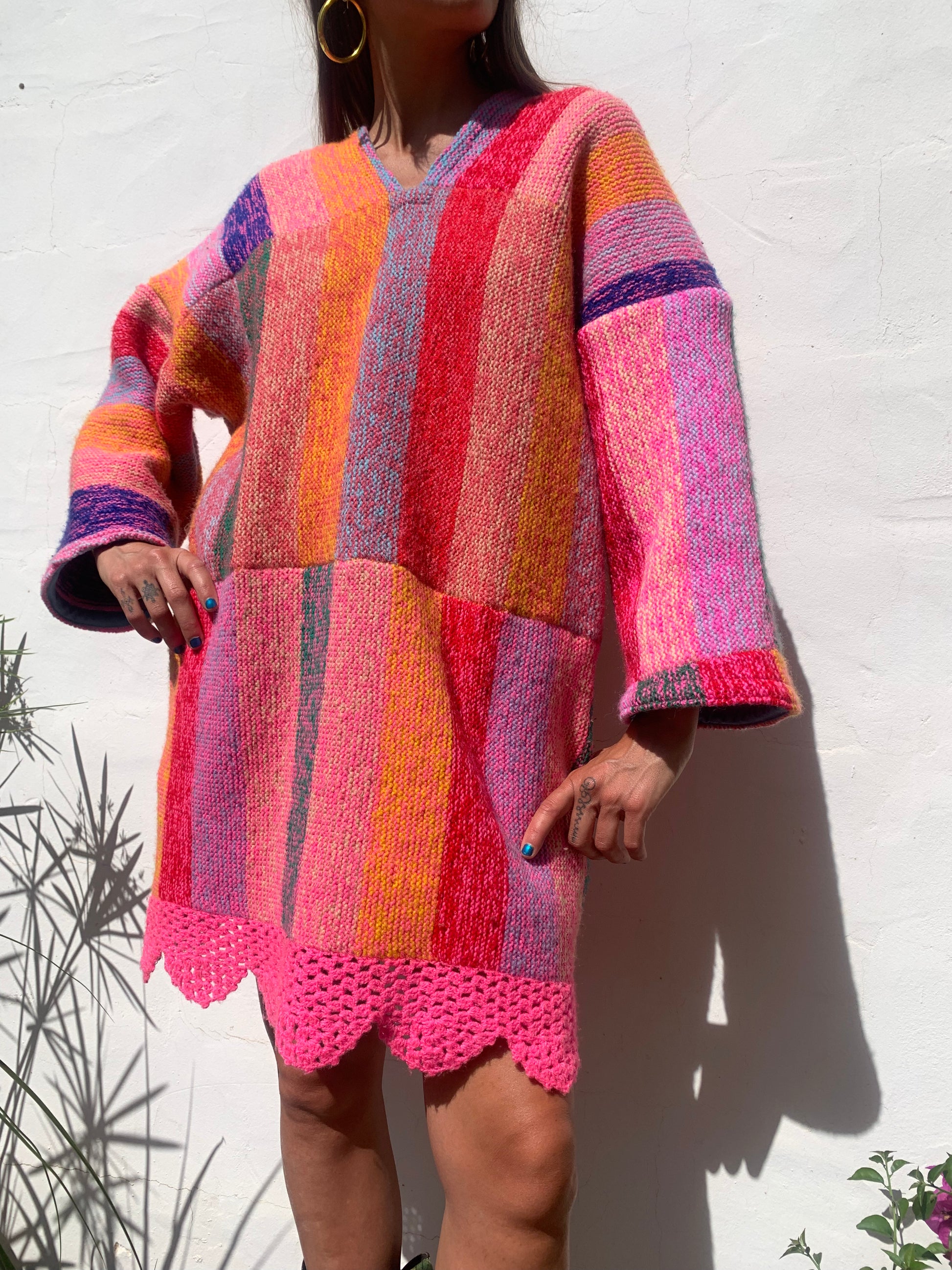 colourful waistcoat, Vintage Crochet Jacket, up cycled jacket , handmade jacket, striped jacket , vintage jacket, 1970s jacket , long waistcoat, slow fashion , sustainable fashion, vintage shop, ibiza vintage shop, ibiza style, bohemian jacket, boho jacket, colourful jacket, festival jacket, hippie style, 70s clothing, original vintage, recycled fashion brand, sustainable fashion brand, slow fashion brand, rainbow fashion, knitted jacket, woven jacket, winter jacket, crochet jumper, vintage fashion, 