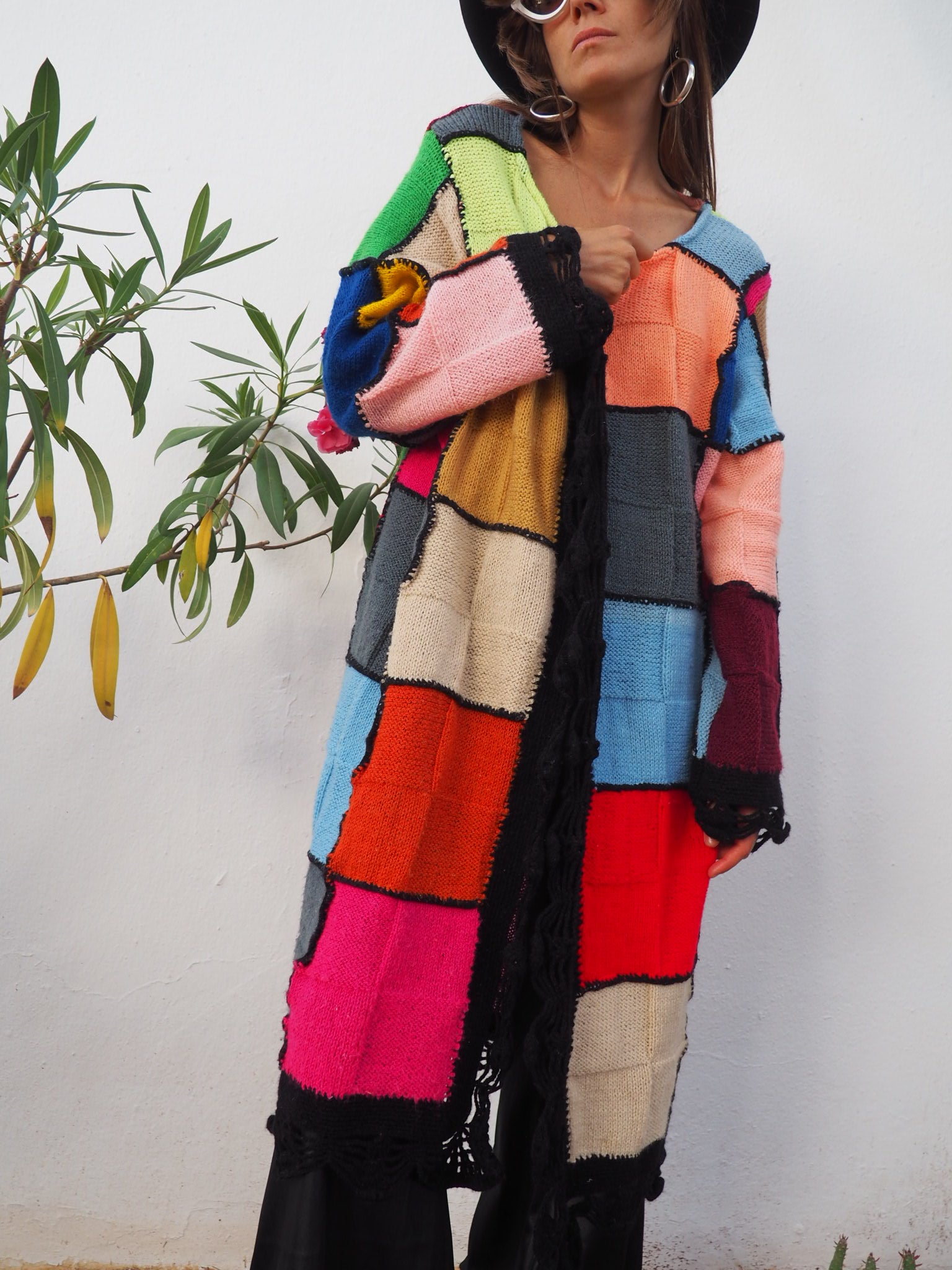 colourful waistcoat, Vintage Crochet Jacket, up cycled jacket , handmade jacket, striped jacket , vintage jacket, 1970s jacket , long waistcoat, slow fashion , sustainable fashion, vintage shop, ibiza vintage shop, ibiza style, bohemian jacket, boho jacket, colourful jacket, festival jacket, hippie style, 70s clothing, original vintage, recycled fashion brand, sustainable fashion brand, slow fashion brand, rainbow fashion, knitted jacket, woven jacket, winter jacket,  granny crochet, granny squares