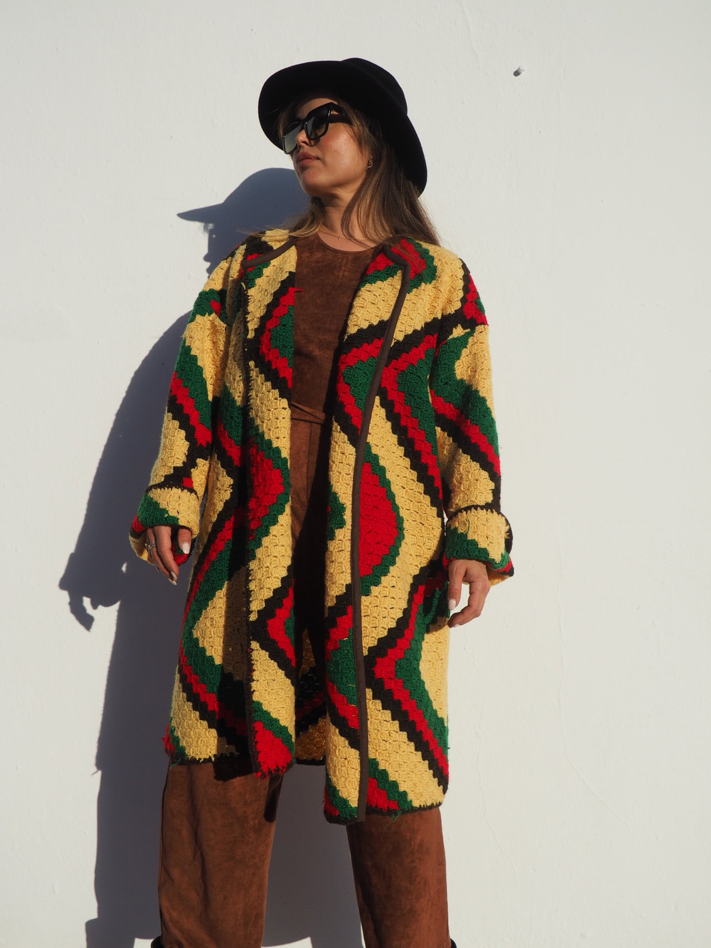 Vintage handmade crochet textiles in yellow green and brown up-cycled jacket by Vagabond Ibiza.