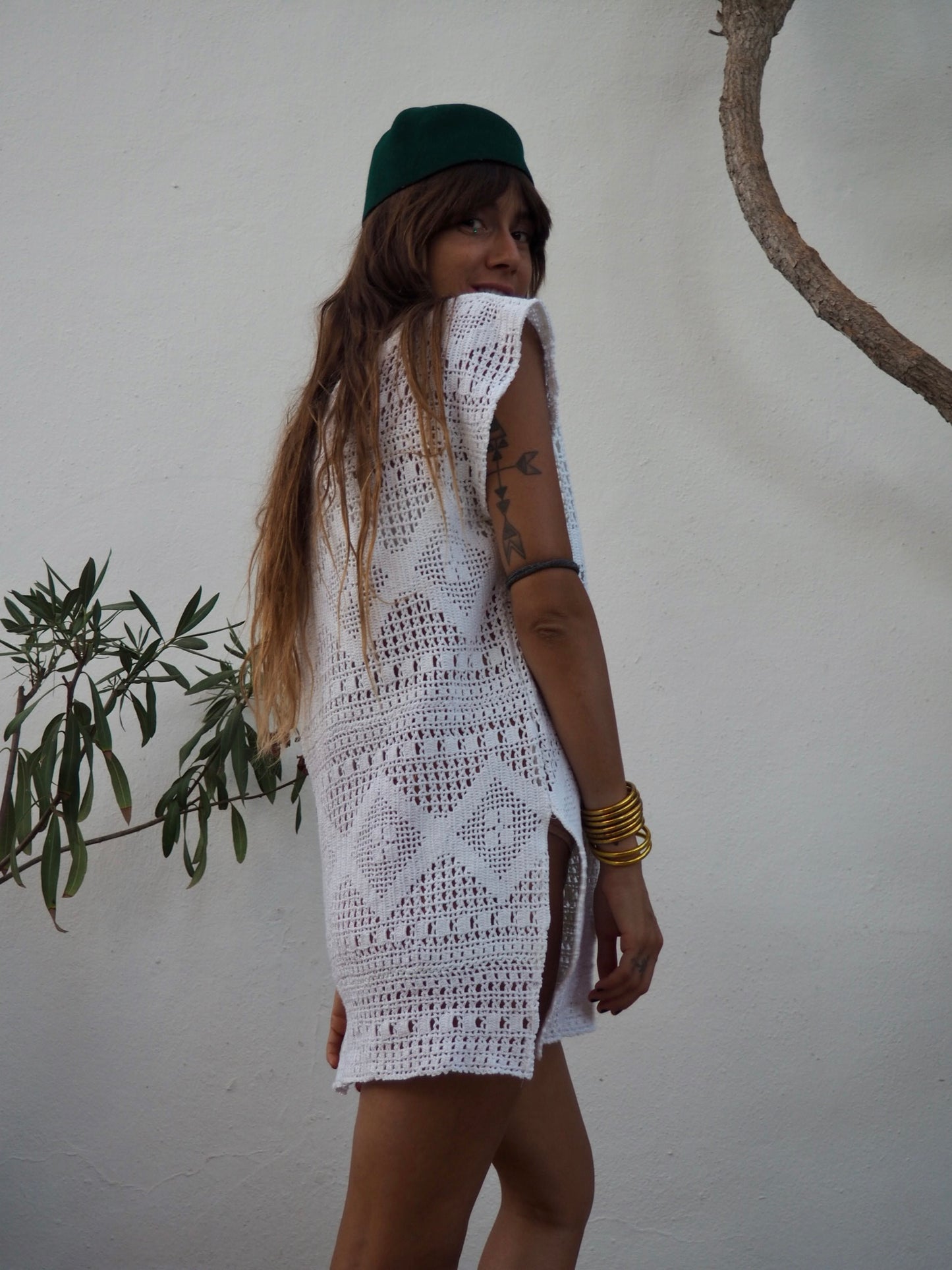 Amazing one off a kind white vintage crochet shirt dress up-cycled by Vagabond Ibiza