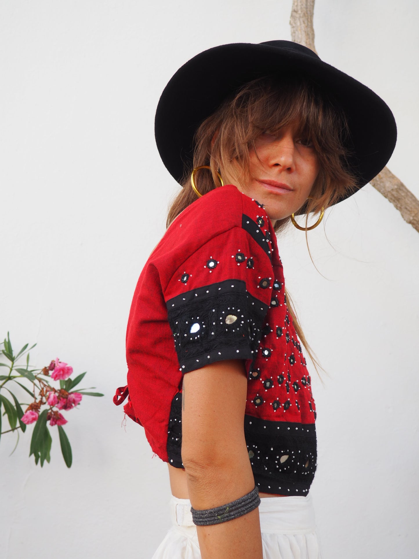 Vintage Indian cotton embroidered and mirror work black and red top