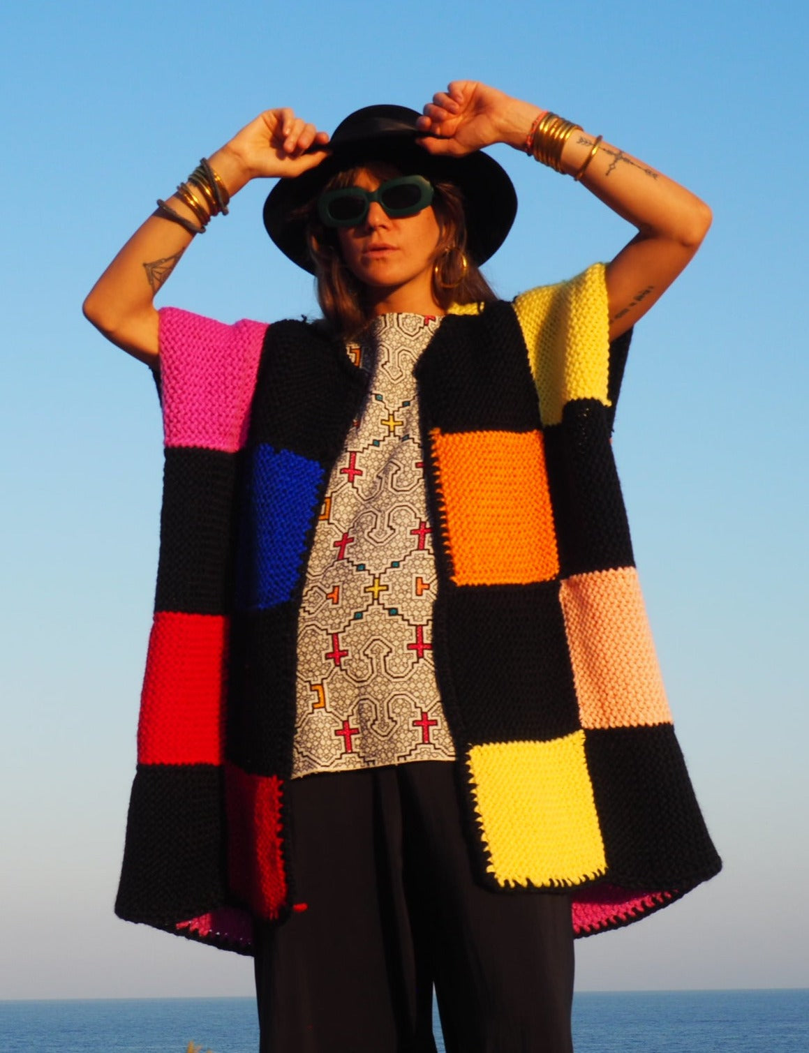 colourful chunky wool knitted waistcoat, Vintage Crochet Jacket, up cycled jacket , handmade jacket, striped jacket , vintage jacket, 1970s jacket , long waistcoat, slow fashion , sustainable fashion, vintage shop, ibiza vintage shop, ibiza style, bohemian jacket, boho jacket, colourful jacket, festival jacket, hippie jstyle, 70s clothing, original vintage, recycled fashion brand, sustainable fashion brand, slow fashion brand, rainbow fashion, knitted jacket, woven jacket, winter jacket