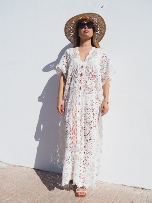 Very cool oversized beach dress hand made crochet up-cycled by Vagabond Ibiza.