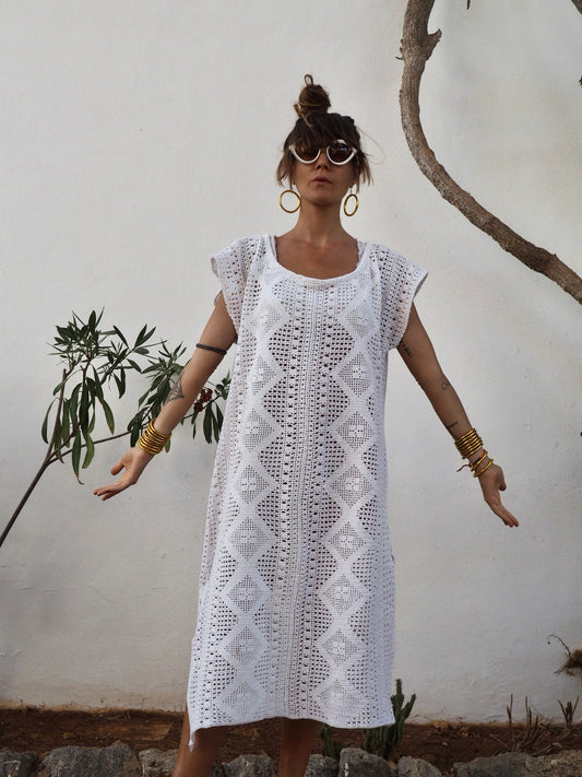 Amazing one off a kind white vintage crochet dress up-cycled by Vagabond Ibiza
