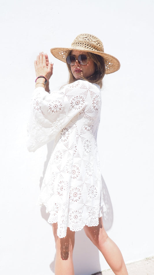 Amazing handmade vintage crochet textiles up-cycled bell sleeve dress by Vagabond Ibiza