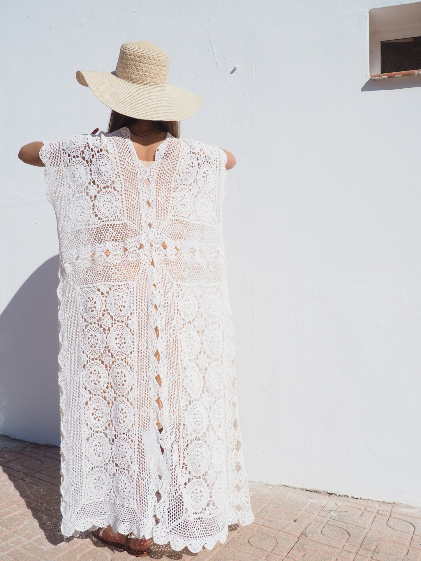 Very cool vintage crochet oversized long waistcoat handmade cotton crochet up-cycled by Vagabond Ibiza