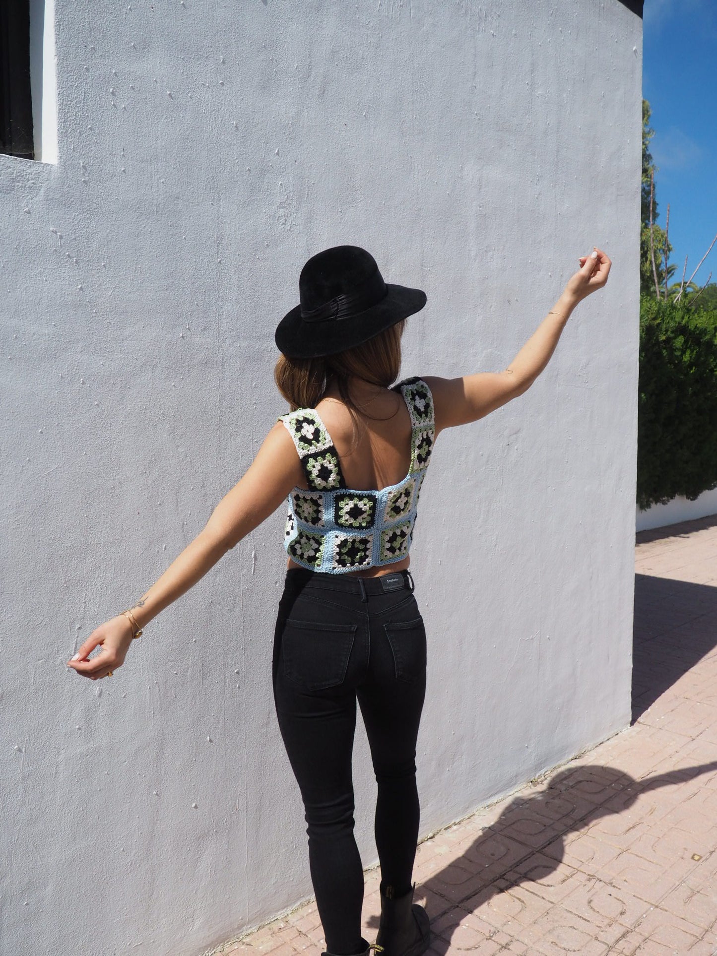 Handmade crochet cotton blue and green top made by Vagabond Ibiza