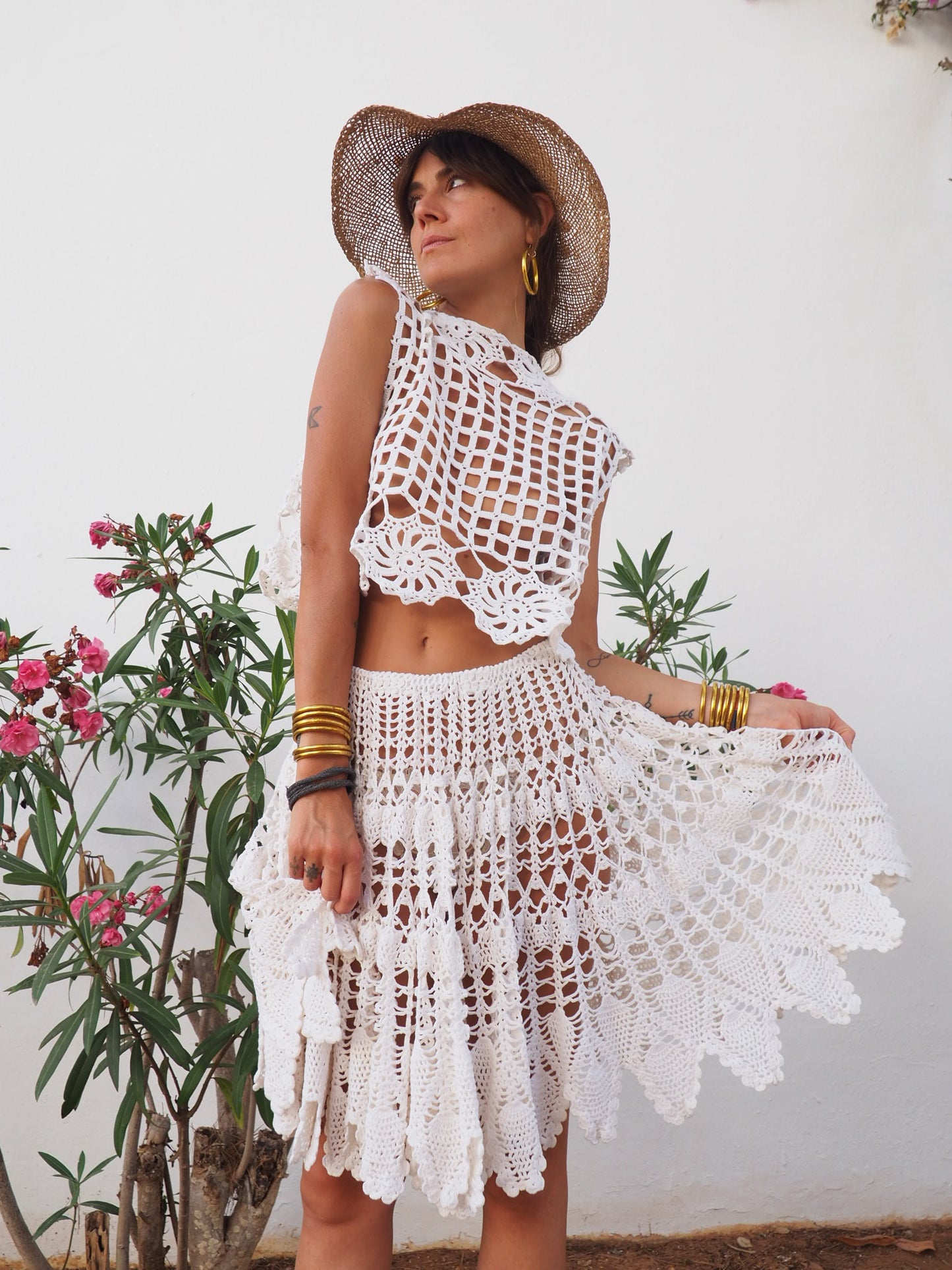 Amazing one off a kind white vintage crochet lace skirt up-cycled by Vagabond Ibiza