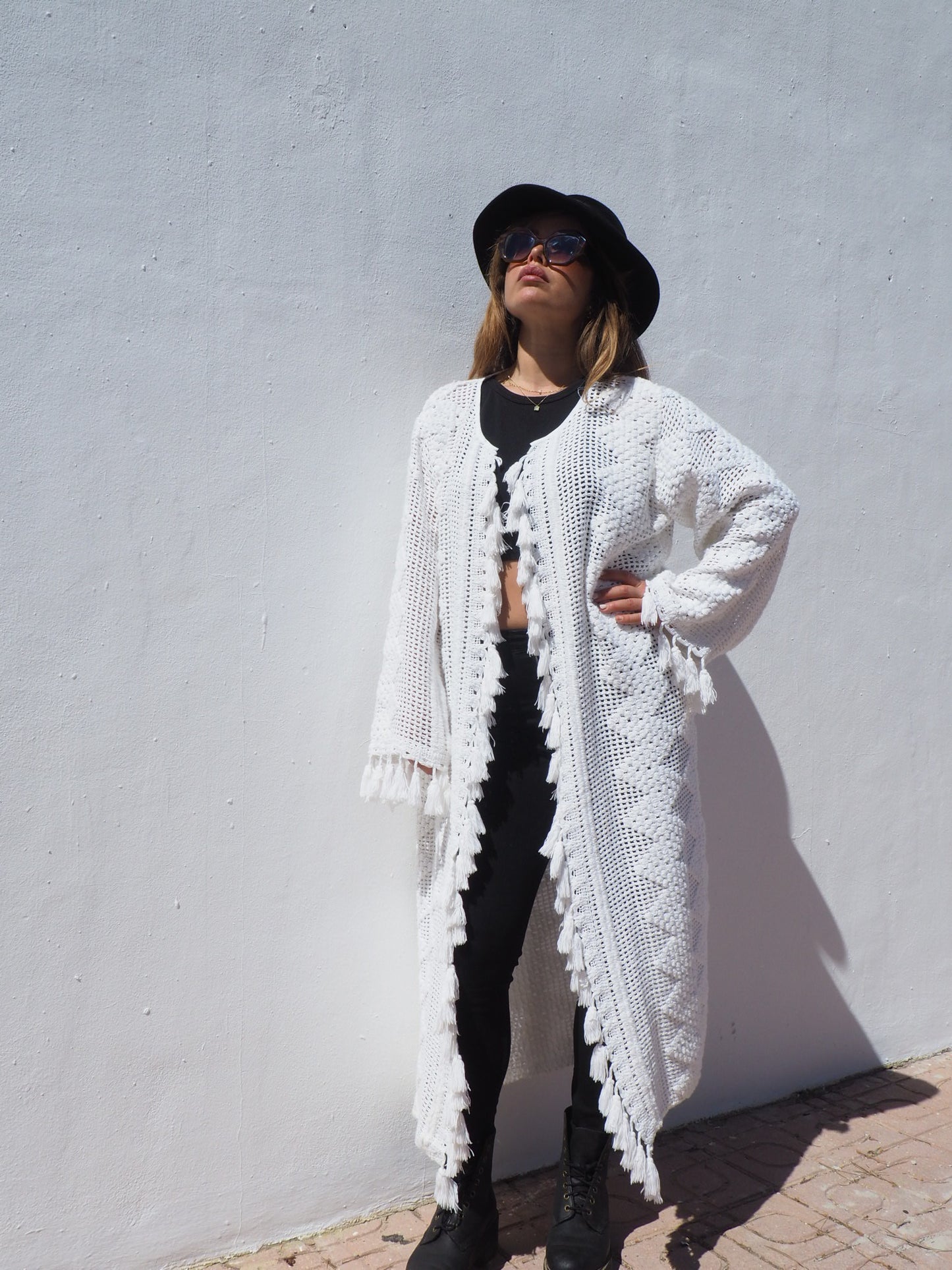 Unique on off a kind vintage white crochet jacket up-cycled by Vagabond Ibiza with cute tássel details.
