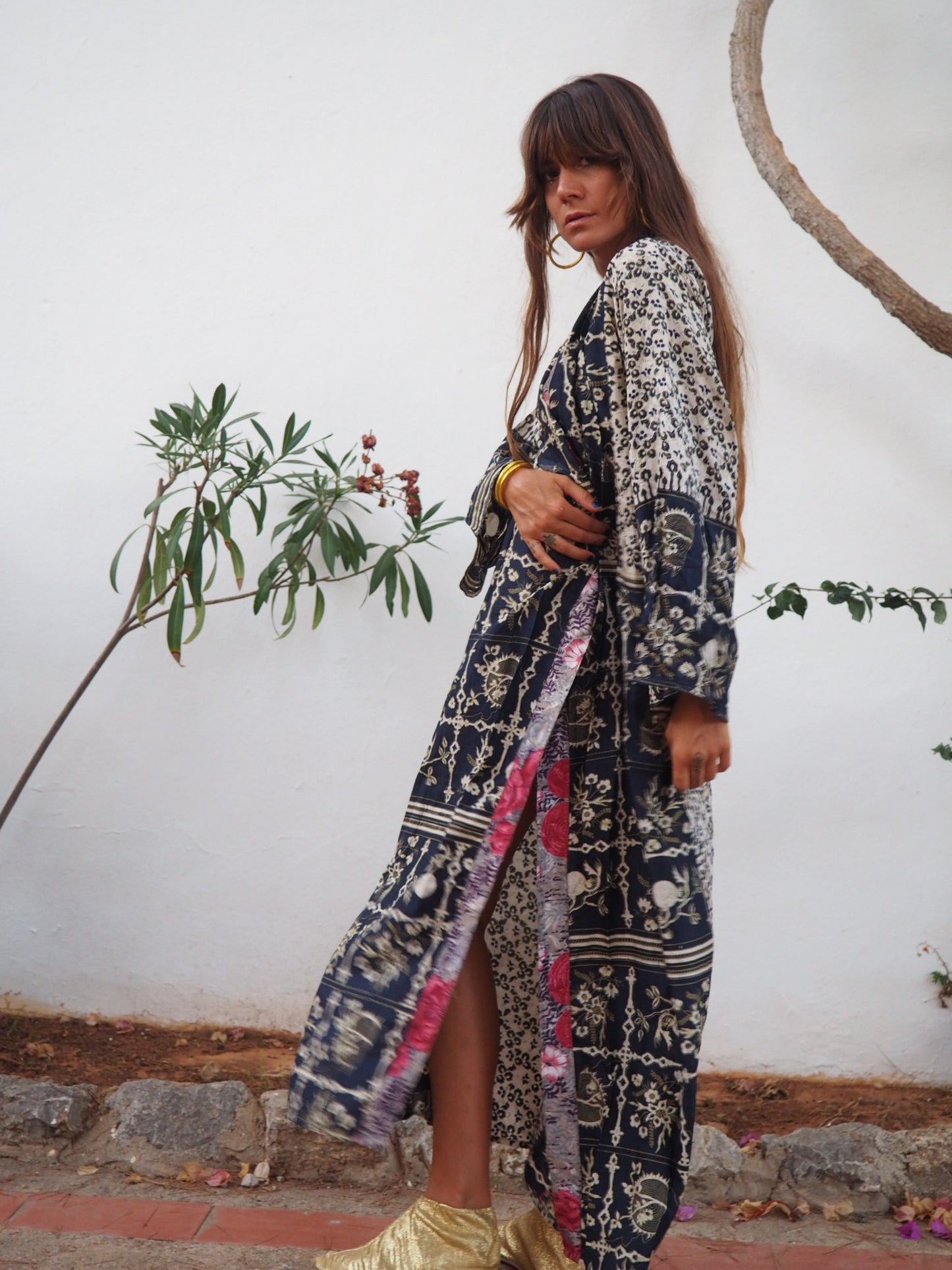 Recycled sari long printed kimono with waist belt