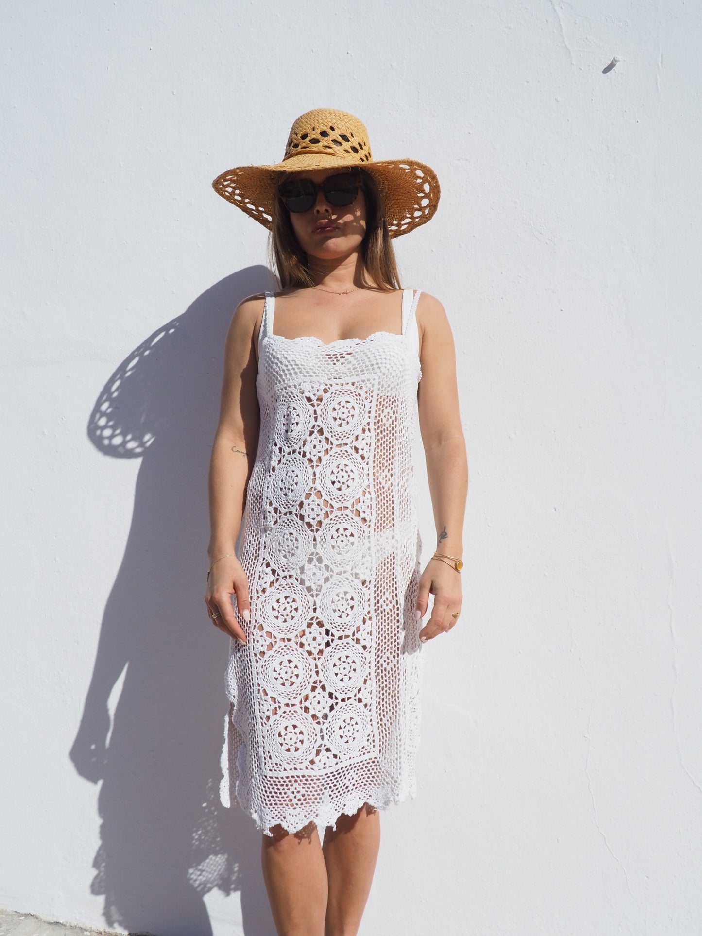 Vintage crochet cotton beach dress handmade cotton crochet up-cycled by Vagabond Ibiza