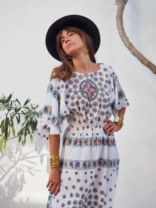 Vintage 1970’s white cotton printed maxi dress