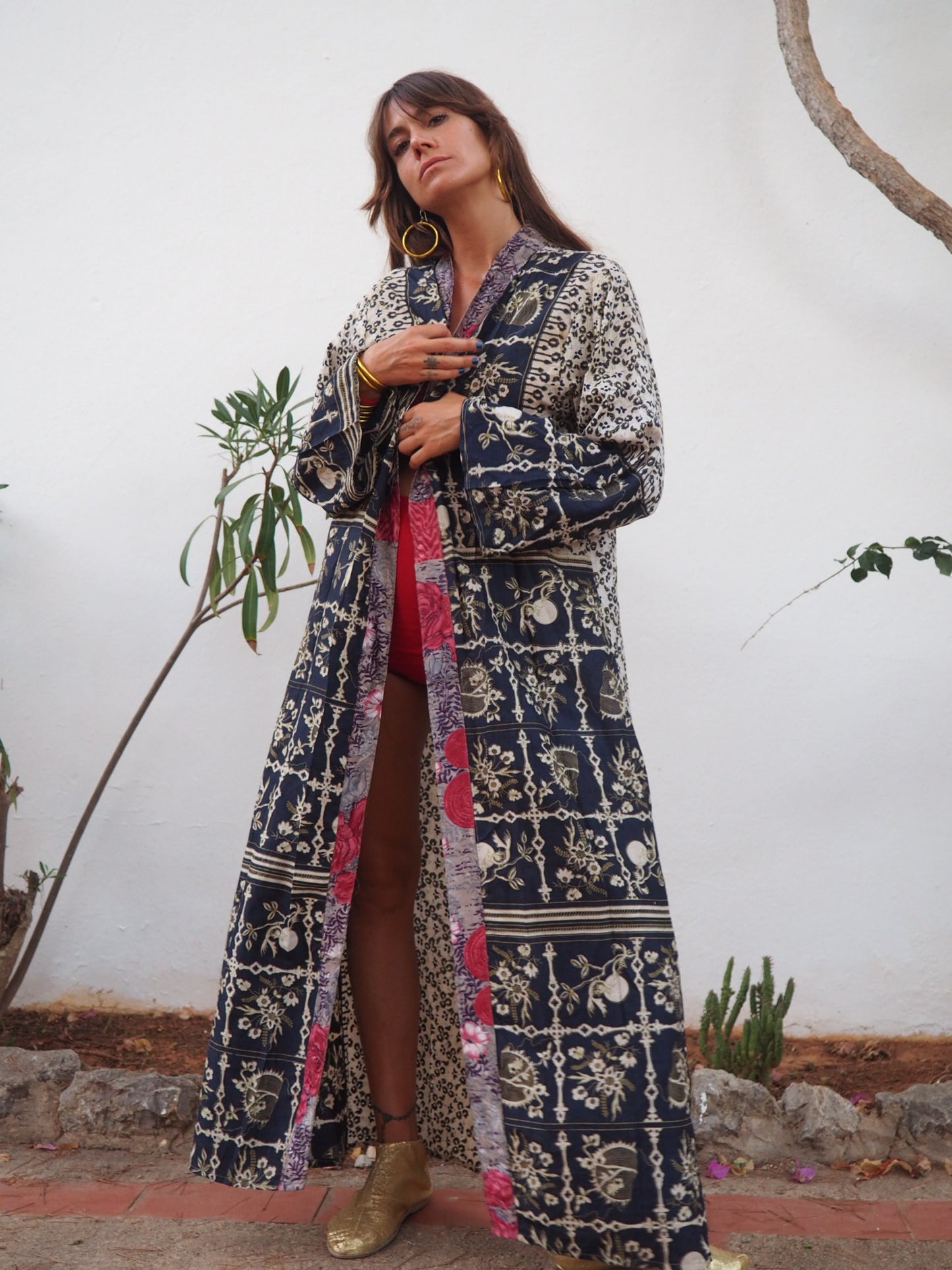 Recycled sari long printed kimono with waist belt