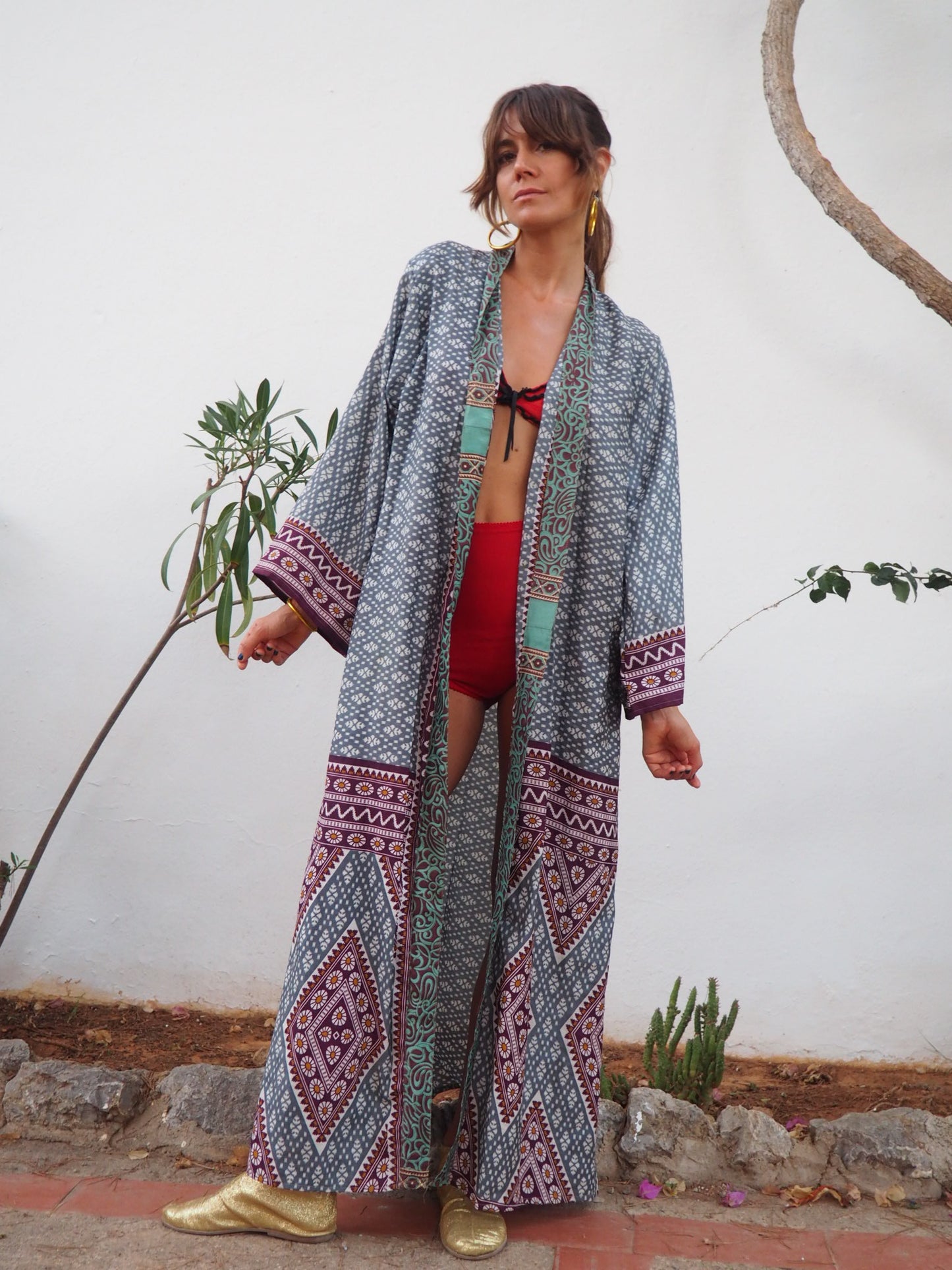 Recycled sari long printed kimono with waist belt