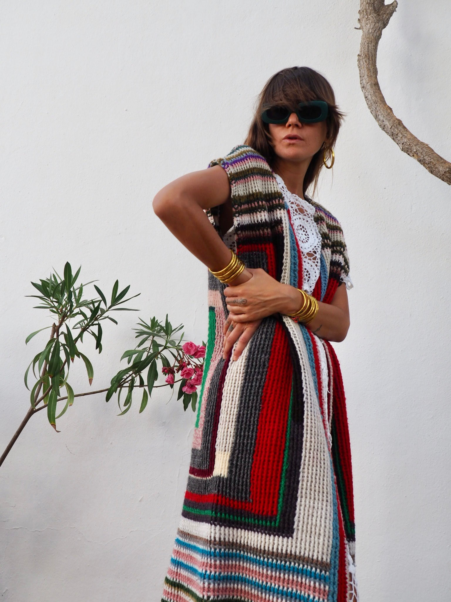 colourful waistcoat, Vintage Crochet Jacket, up cycled jacket , handmade jacket, striped jacket , vintage jacket, 1970s jacket , long waistcoat, slow fashion , sustainable fashion, vintage shop, ibiza vintage shop, ibiza style, bohemian jacket, boho jacket, colourful jacket, festival jacket, hippie style, 70s clothing, original vintage, recycled fashion brand, sustainable fashion brand, slow fashion brand, rainbow fashion, knitted jacket, woven jacket, winter jacket,  granny crochet, granny squares