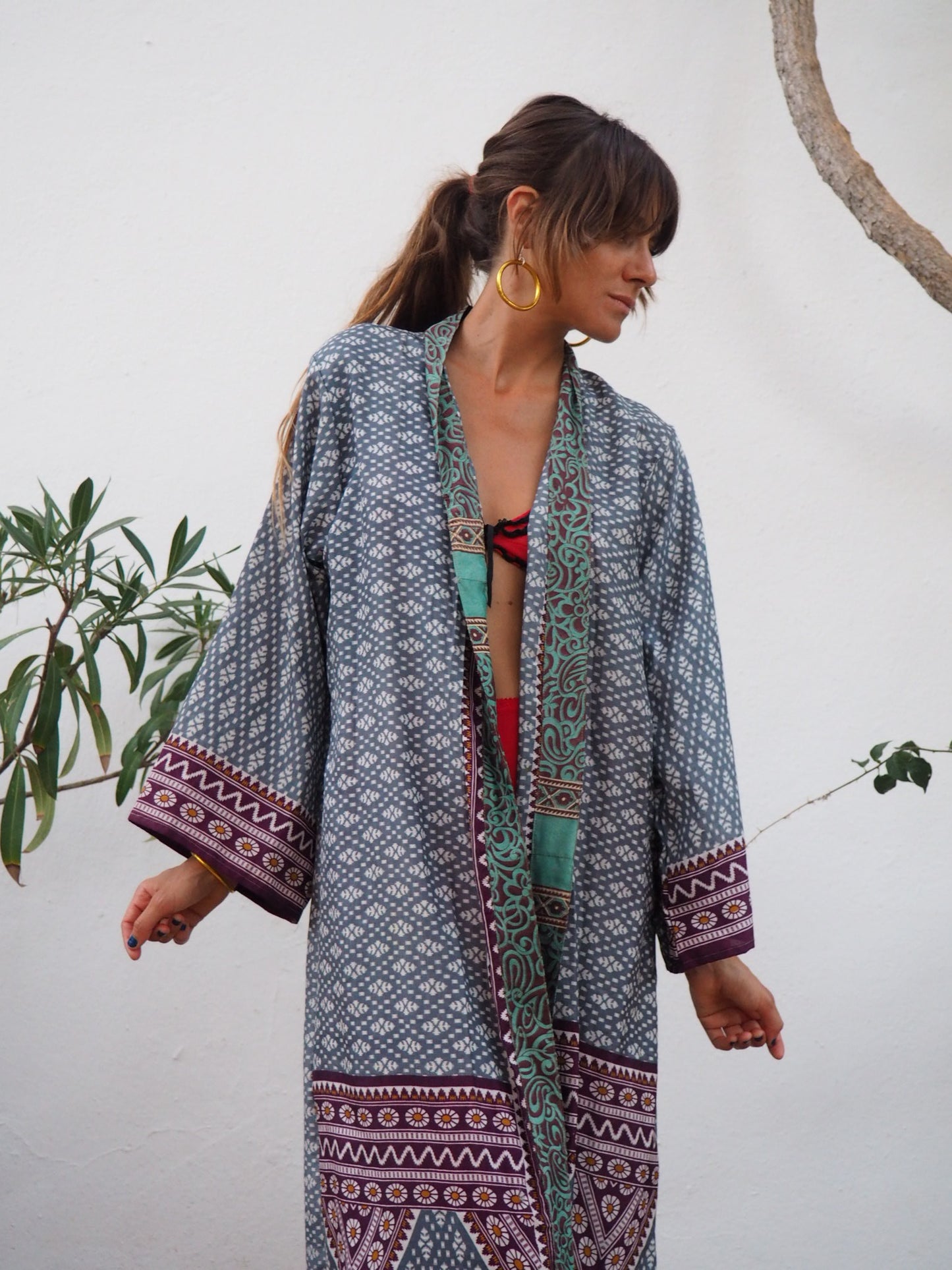 Recycled sari long printed kimono with waist belt