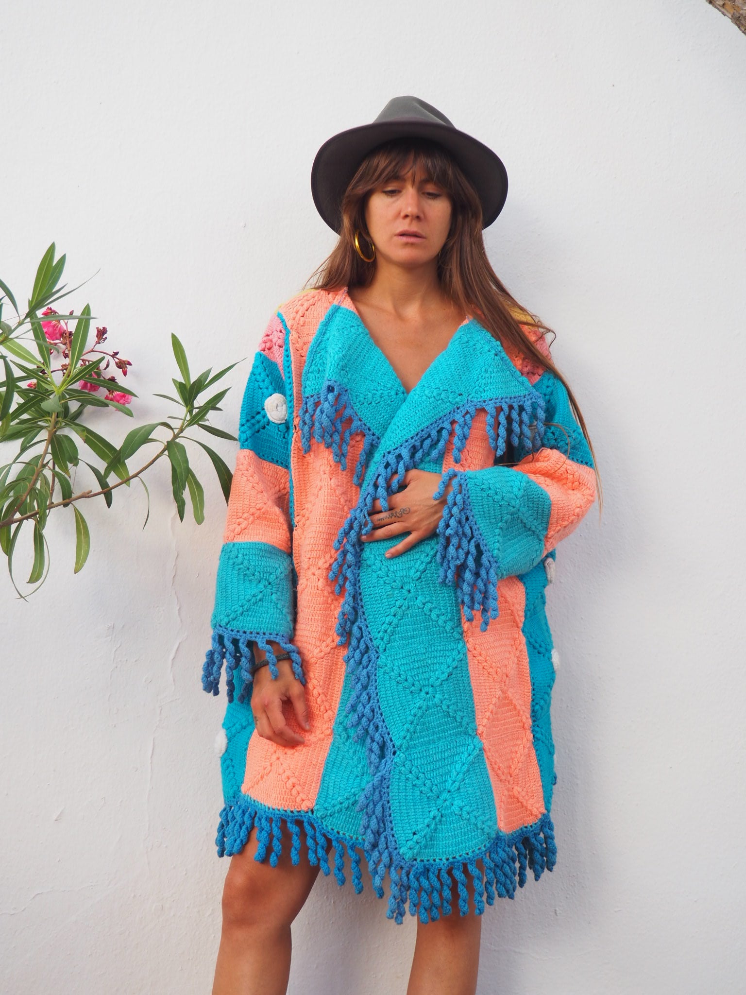 colourful waistcoat, Vintage Crochet Jacket, up cycled jacket , handmade jacket, striped jacket , vintage jacket, 1970s jacket , long waistcoat, slow fashion , sustainable fashion, vintage shop, ibiza vintage shop, ibiza style, bohemian jacket, boho jacket, colourful jacket, festival jacket, hippie style, 70s clothing, original vintage, recycled fashion brand, sustainable fashion brand, slow fashion brand, rainbow fashion, knitted jacket, woven jacket, winter jacket