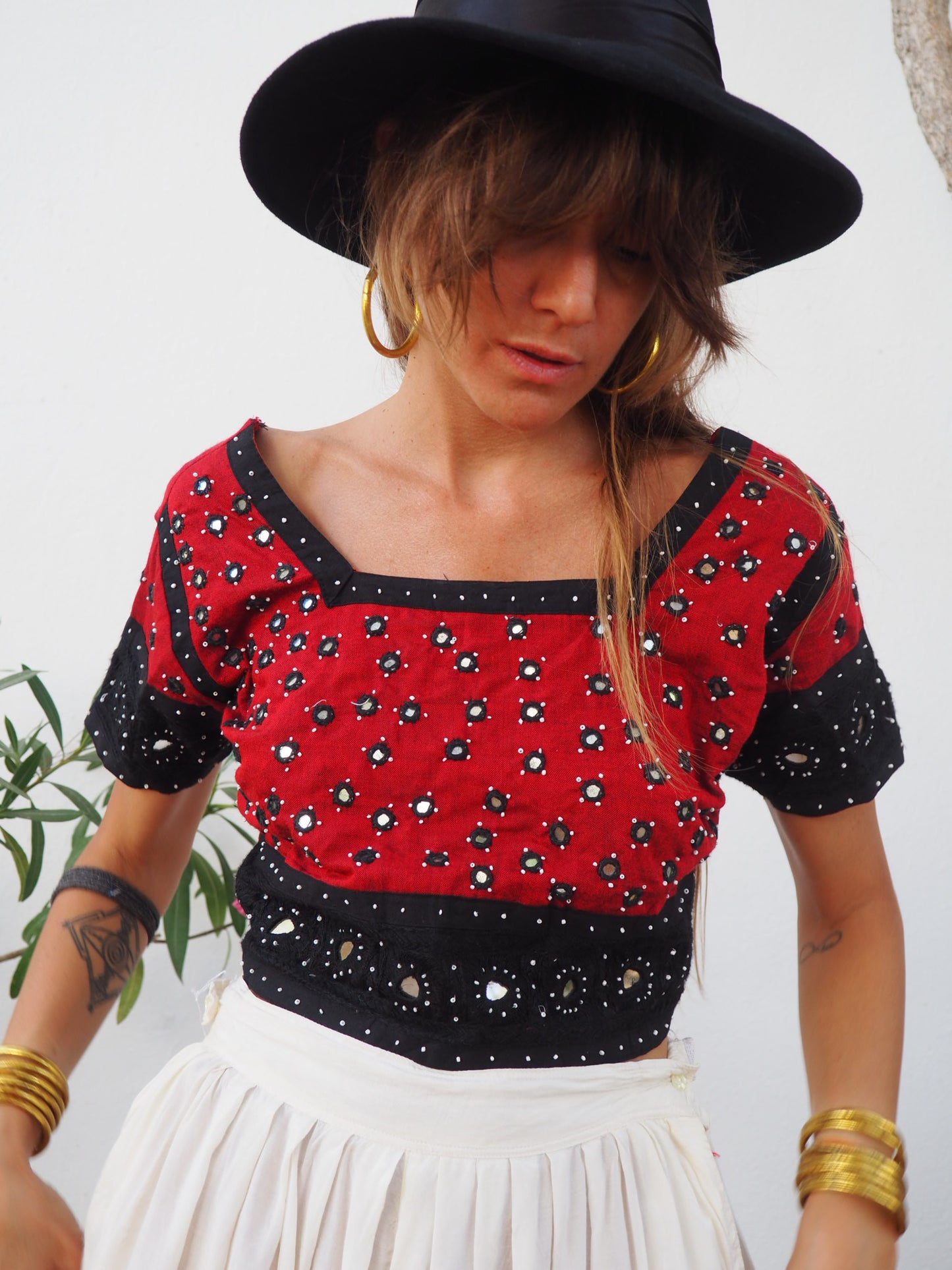 Vintage Indian cotton embroidered and mirror work black and red top
