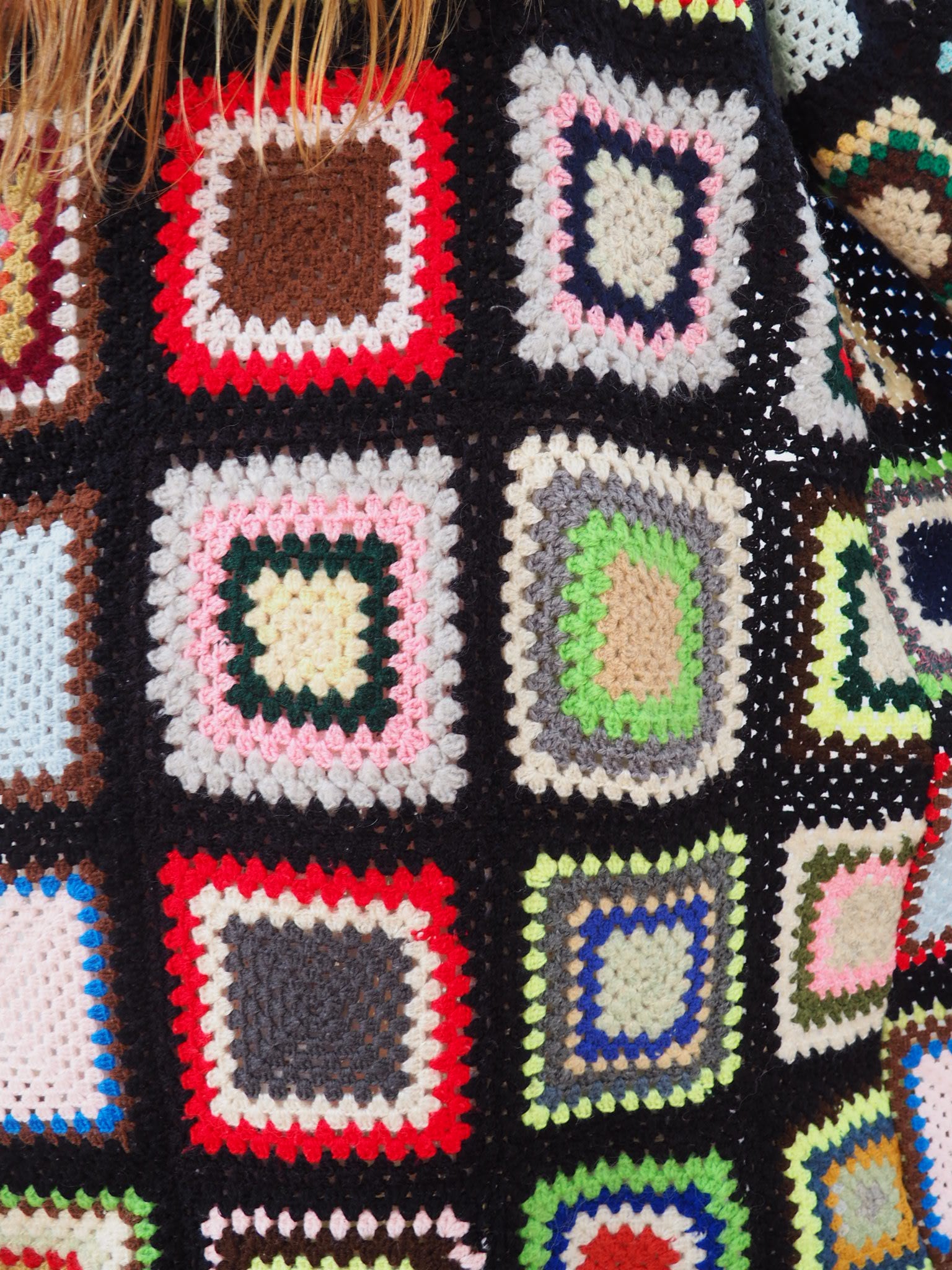 Granny Square Crochet Jacketcolourful waistcoat, Vintage Crochet Jacket, up cycled jacket , handmade jacket, striped jacket , vintage jacket, 1970s jacket , long waistcoat, slow fashion , sustainable fashion, vintage shop, ibiza vintage shop, ibiza style, bohemian jacket, boho jacket, colourful jacket, festival jacket, hippie style, 70s clothing, original vintage, recycled fashion brand, sustainable fashion brand, slow fashion brand, rainbow fashion, knitted jacket, woven jacket, winter jacket