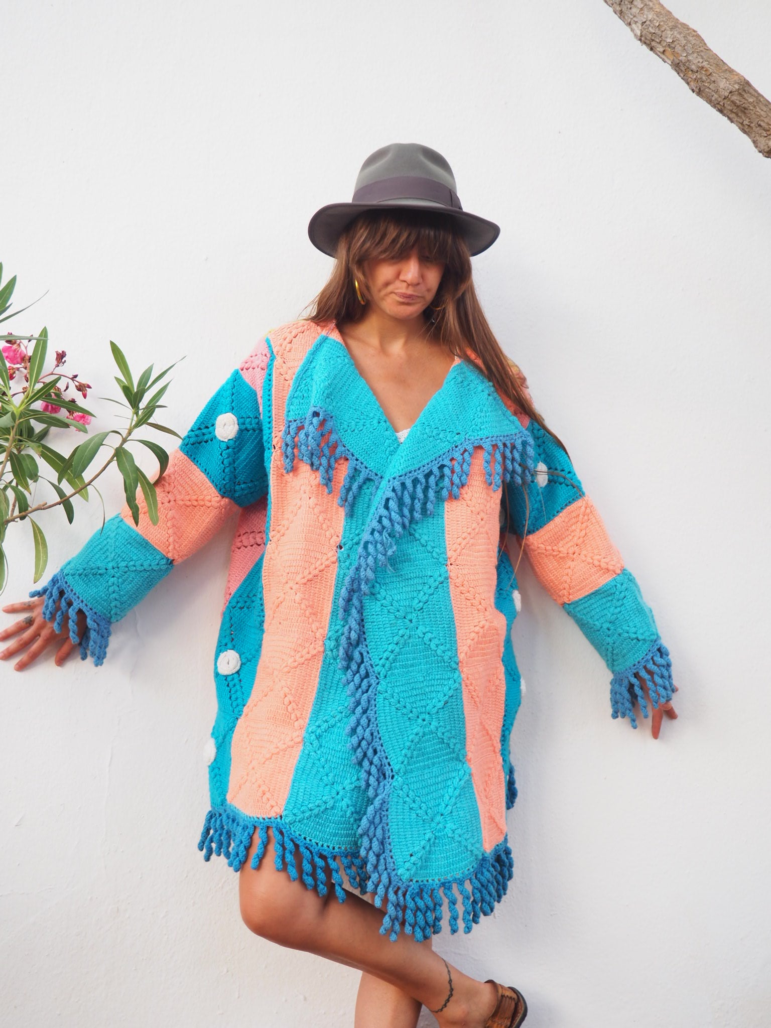 colourful waistcoat, Vintage Crochet Jacket, up cycled jacket , handmade jacket, striped jacket , vintage jacket, 1970s jacket , long waistcoat, slow fashion , sustainable fashion, vintage shop, ibiza vintage shop, ibiza style, bohemian jacket, boho jacket, colourful jacket, festival jacket, hippie style, 70s clothing, original vintage, recycled fashion brand, sustainable fashion brand, slow fashion brand, rainbow fashion, knitted jacket, woven jacket, winter jacket
