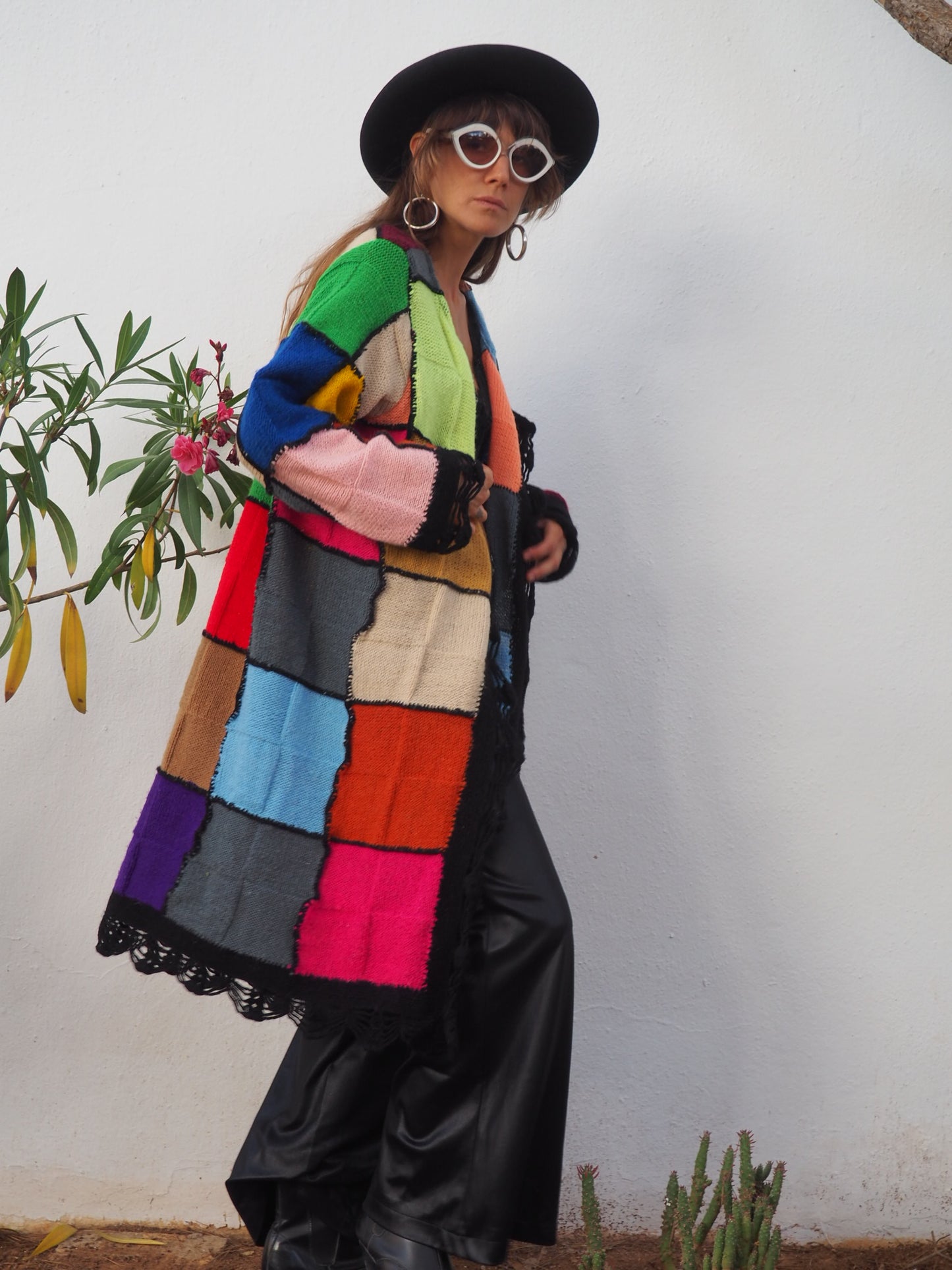 colourful waistcoat, Vintage Crochet Jacket, up cycled jacket , handmade jacket, striped jacket , vintage jacket, 1970s jacket , long waistcoat, slow fashion , sustainable fashion, vintage shop, ibiza vintage shop, ibiza style, bohemian jacket, boho jacket, colourful jacket, festival jacket, hippie style, 70s clothing, original vintage, recycled fashion brand, sustainable fashion brand, slow fashion brand, rainbow fashion, knitted jacket, woven jacket, winter jacket,  granny crochet, granny squares