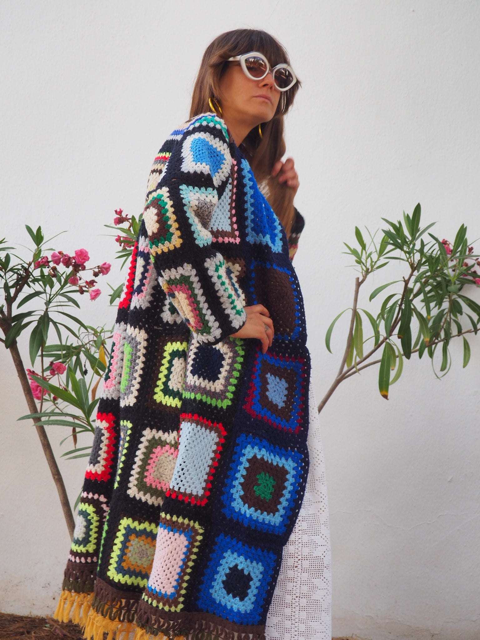 Vintage Granny Square Crochet Jacket,colourful waistcoat, Vintage Crochet Jacket, up cycled jacket , handmade jacket, striped jacket , vintage jacket, 1970s jacket , long waistcoat, slow fashion , sustainable fashion, vintage shop, ibiza vintage shop, ibiza style, bohemian jacket, boho jacket, colourful jacket, festival jacket, hippie style, 70s clothing, original vintage, recycled fashion brand, sustainable fashion brand, slow fashion brand, rainbow fashion, knitted jacket, woven jacket, winter jacket