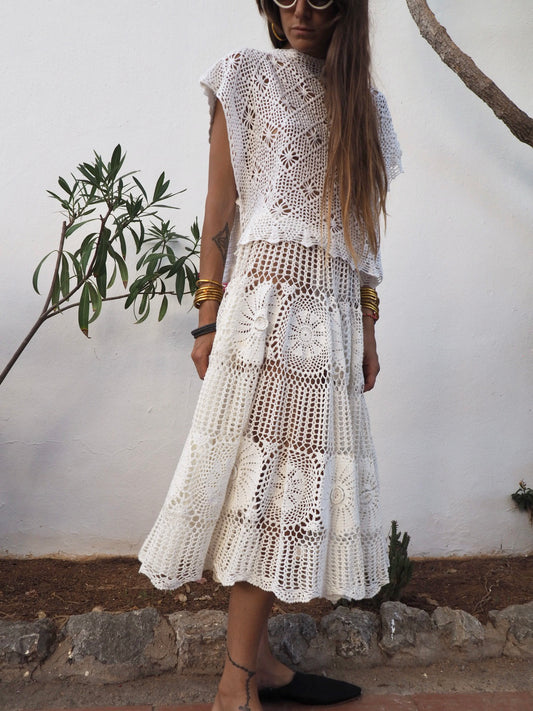 Amazing one off a kind white vintage crochet lace skirt up-cycled by Vagabond Ibiza