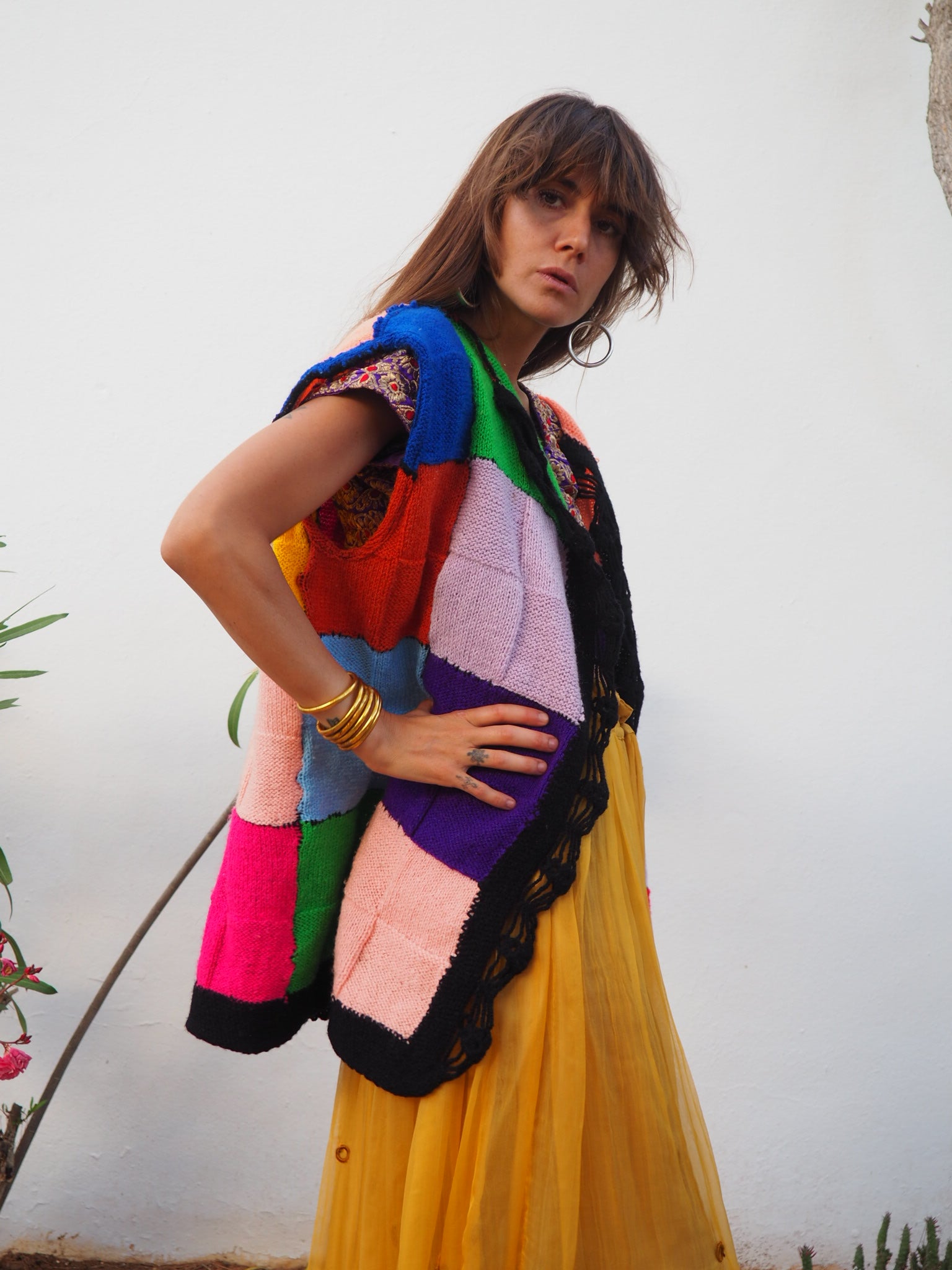 colourful waistcoat, Vintage Crochet Jacket, up cycled jacket , handmade jacket, striped jacket , vintage jacket, 1970s jacket , long waistcoat, slow fashion , sustainable fashion, vintage shop, ibiza vintage shop, ibiza style, bohemian jacket, boho jacket, colourful jacket, festival jacket, hippie style, 70s clothing, original vintage, recycled fashion brand, sustainable fashion brand, slow fashion brand, rainbow fashion, knitted jacket, woven jacket, winter jacket