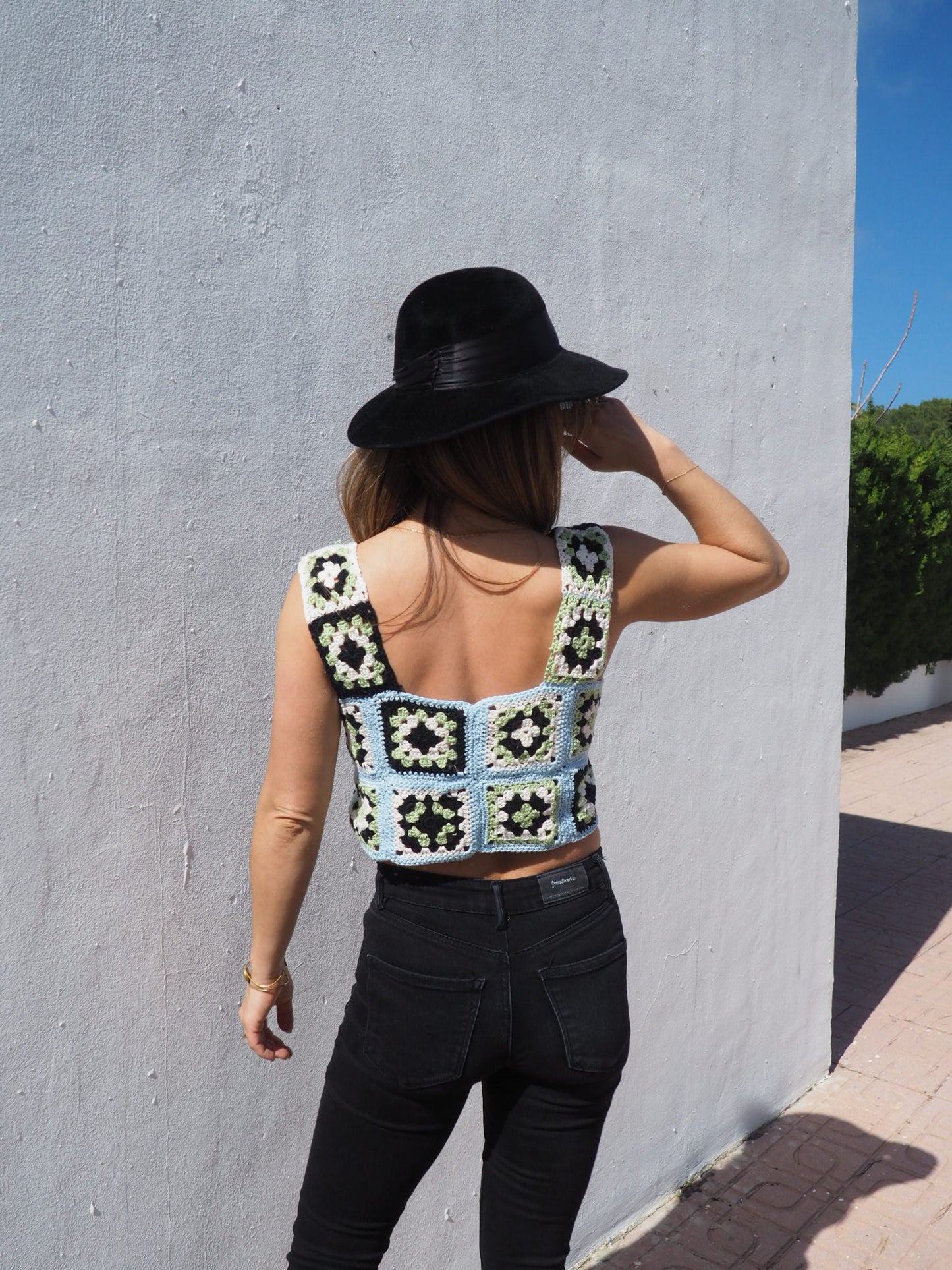 Handmade crochet cotton blue and green top made by Vagabond Ibiza