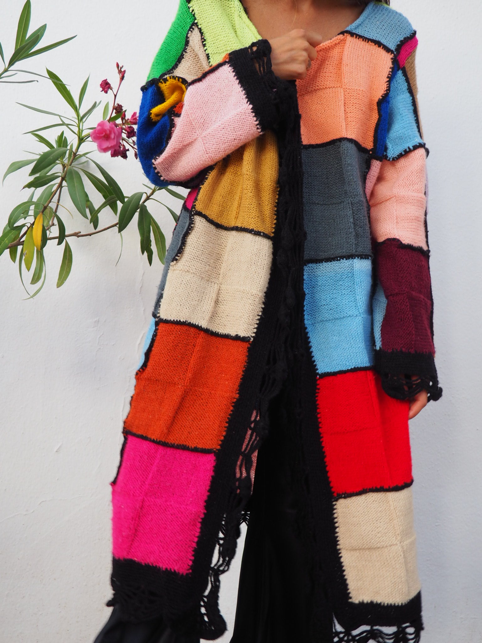 colourful waistcoat, Vintage Crochet Jacket, up cycled jacket , handmade jacket, striped jacket , vintage jacket, 1970s jacket , long waistcoat, slow fashion , sustainable fashion, vintage shop, ibiza vintage shop, ibiza style, bohemian jacket, boho jacket, colourful jacket, festival jacket, hippie style, 70s clothing, original vintage, recycled fashion brand, sustainable fashion brand, slow fashion brand, rainbow fashion, knitted jacket, woven jacket, winter jacket,  granny crochet, granny squares