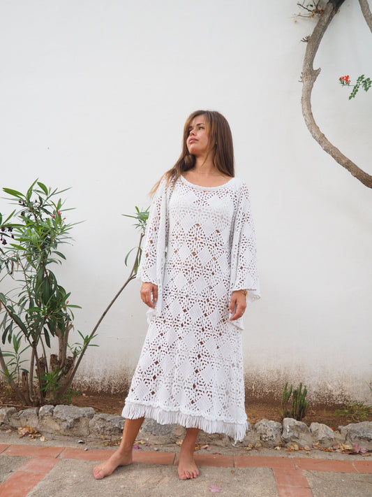 Vintage white 1960’s handmade detailed crochet lace dress up-cycled by Vagabond Ibiza