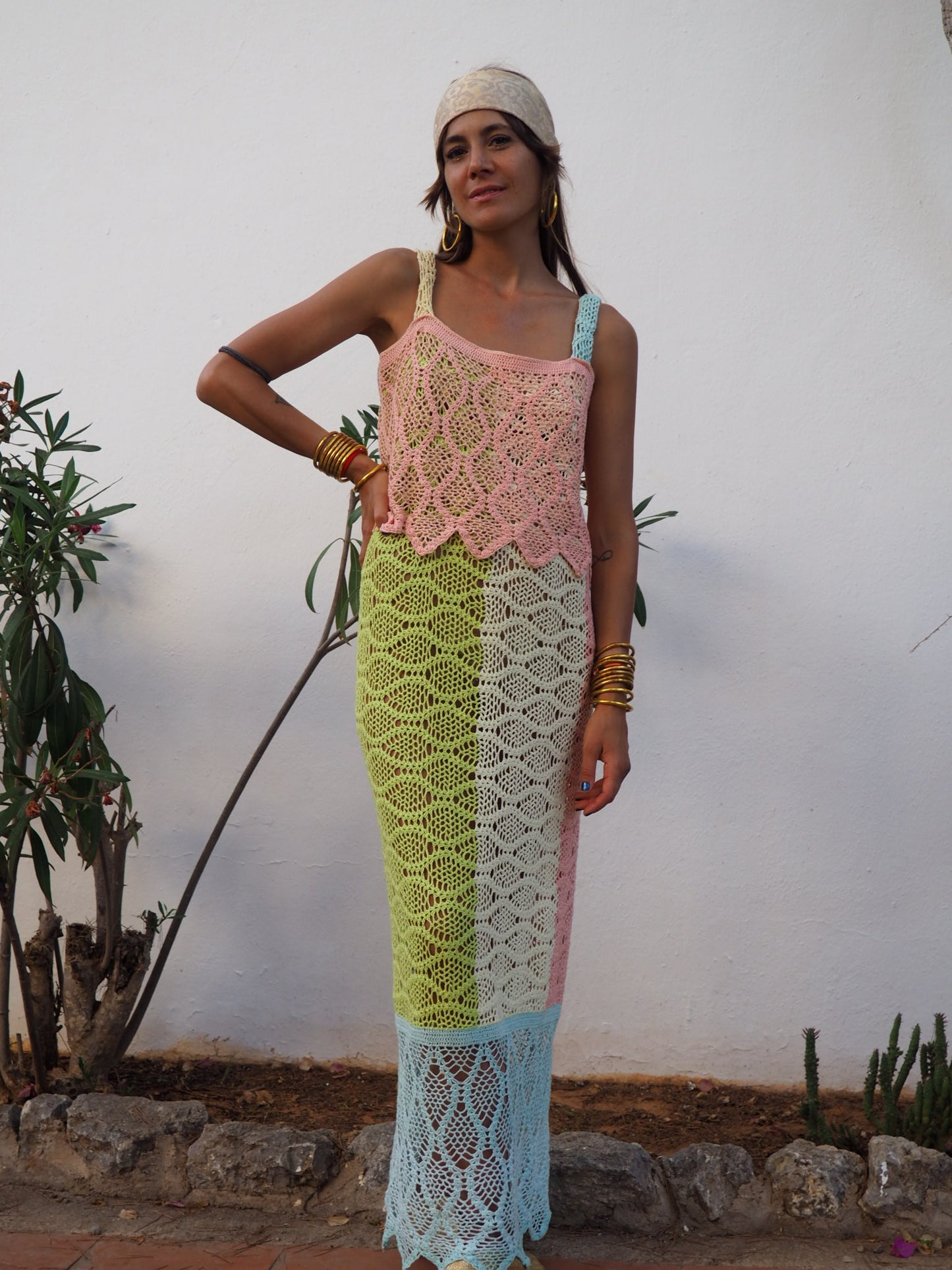 One of a kind up-cycled cotton crochet dress in pastel colours