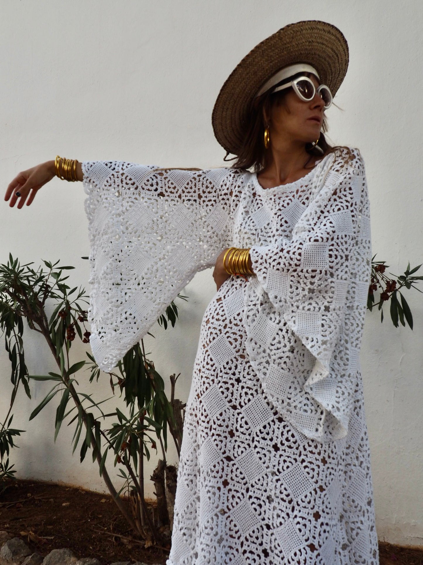 Very cool vintage white crochet oversized bell sleeve dress up-cycled by Vagabond Ibiza