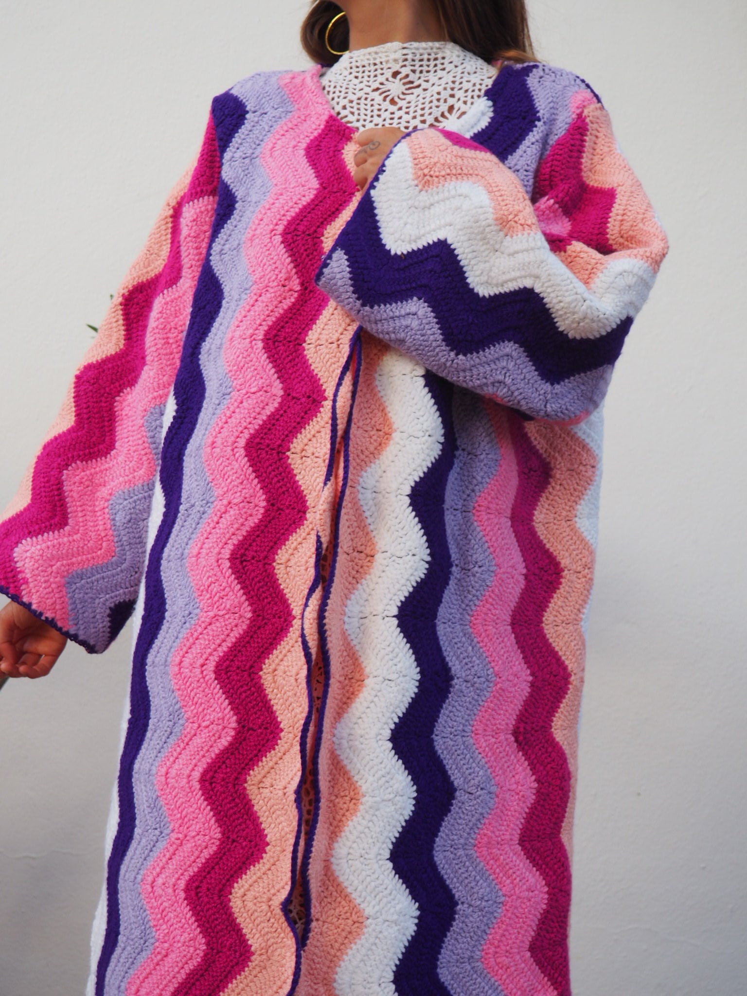 colourful waistcoat, Vintage Crochet Jacket, up cycled jacket , handmade jacket, striped jacket , vintage jacket, 1970s jacket , long waistcoat, slow fashion , sustainable fashion, vintage shop, ibiza vintage shop, ibiza style, bohemian jacket, boho jacket, colourful jacket, festival jacket, hippie style, 70s clothing, original vintage, recycled fashion brand, sustainable fashion brand, slow fashion brand, rainbow fashion, knitted jacket, woven jacket, winter jacket, crochet jumper, vintage fashion, 