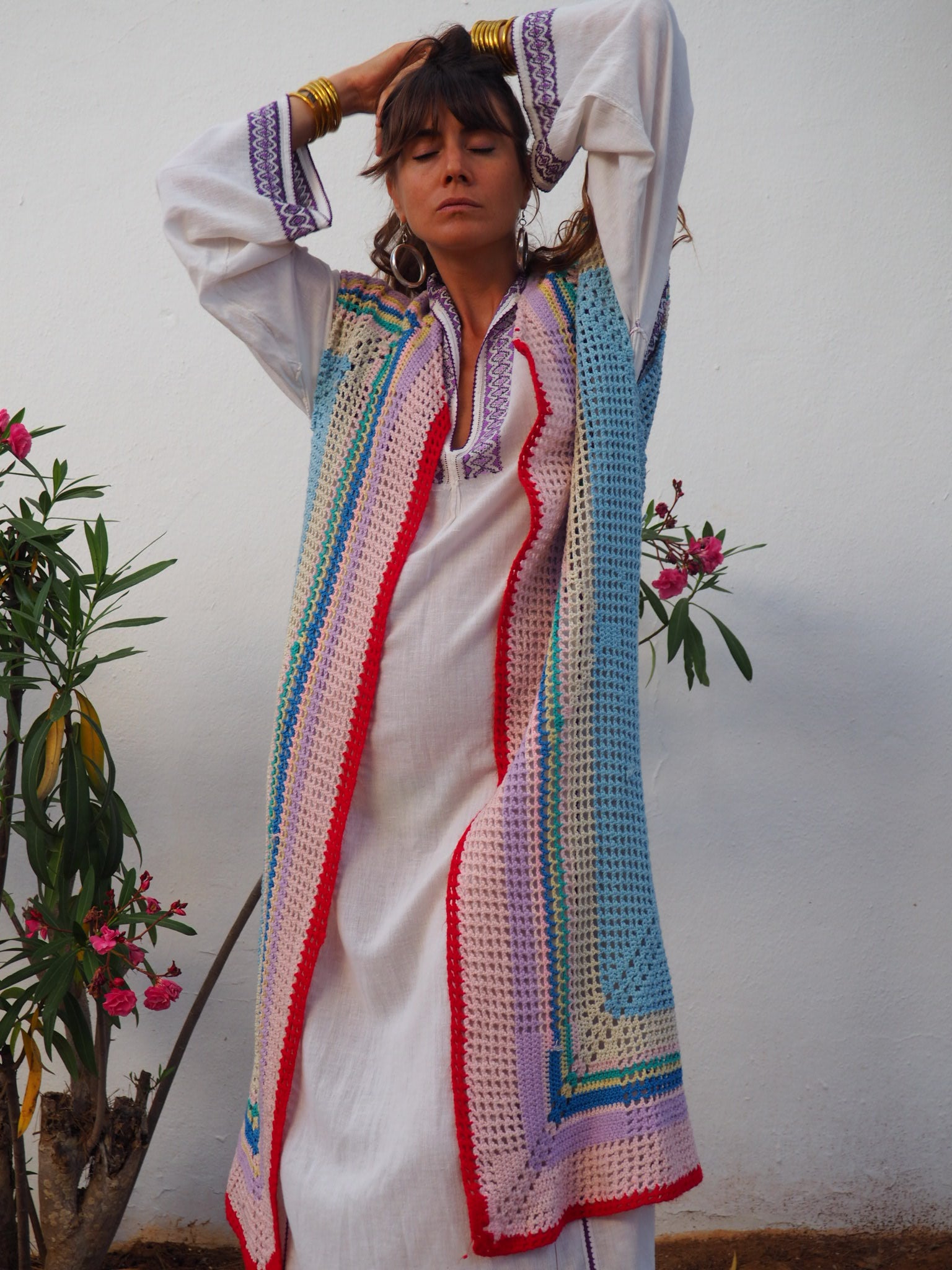 colourful waistcoat, Vintage Crochet Jacket, up cycled jacket , handmade jacket, striped jacket , vintage jacket, 1970s jacket , long waistcoat, slow fashion , sustainable fashion, vintage shop, ibiza vintage shop, ibiza style, bohemian jacket, boho jacket, colourful jacket, festival jacket, hippie style, 70s clothing, original vintage, recycled fashion brand, sustainable fashion brand, slow fashion brand, rainbow fashion, knitted jacket, woven jacket, winter jacket, crochet jumper, vintage fashion, 