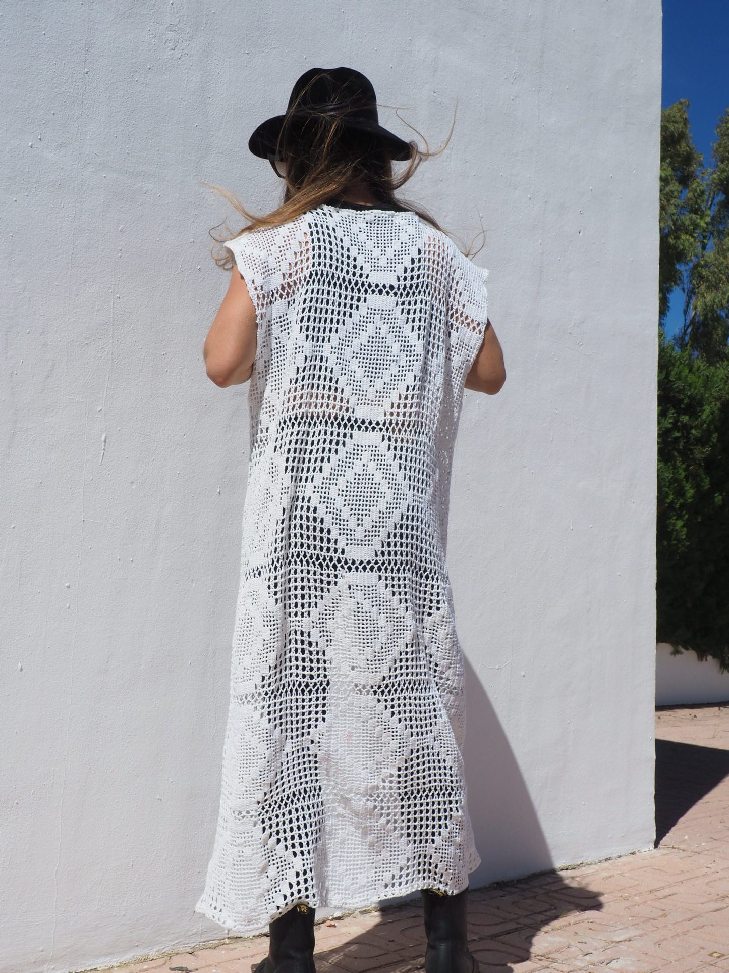 Vintage 1970’s crochet long white up-cycled waistcoat made by Vagabond Ibiza.