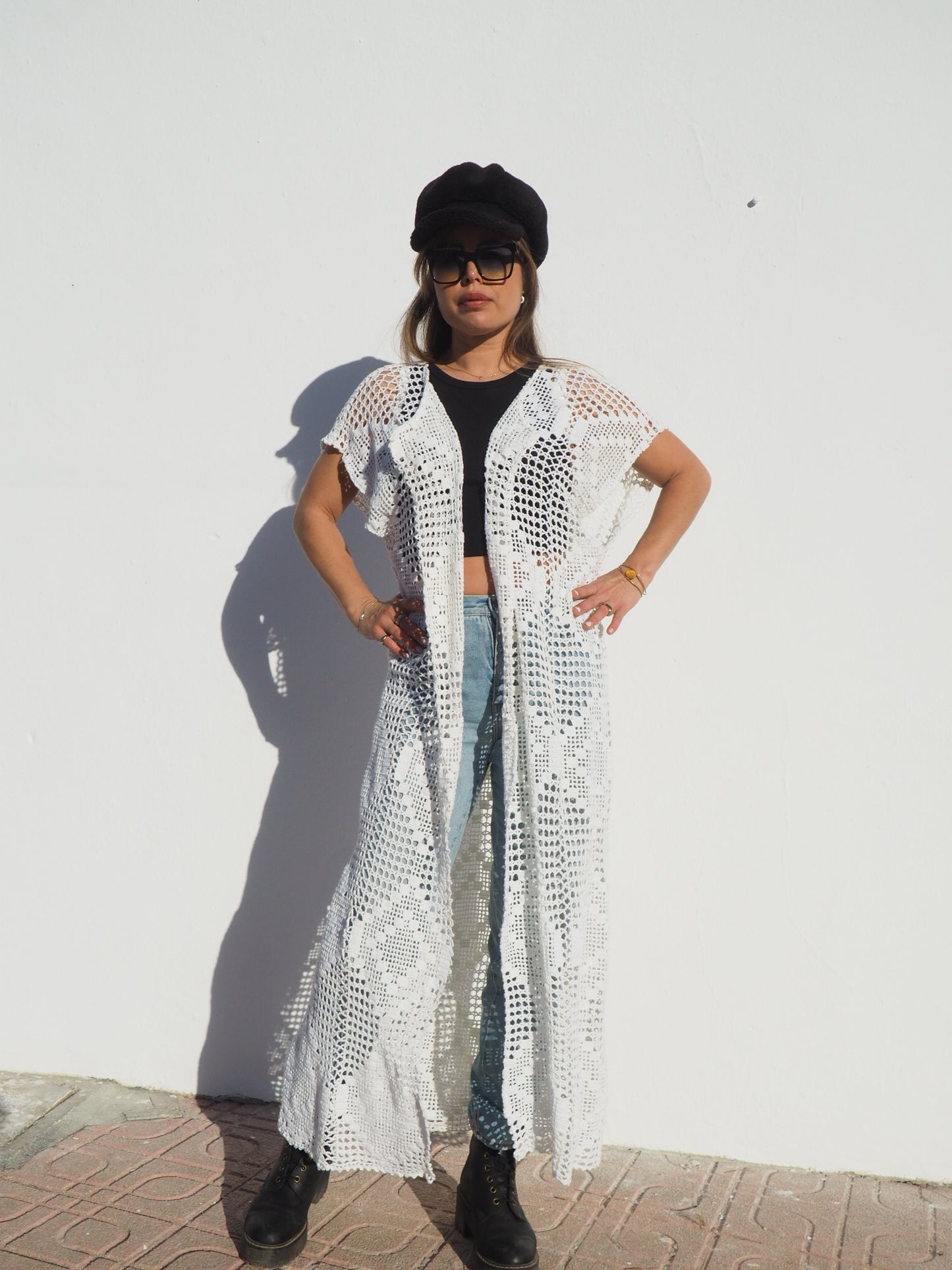 Unique white handmade crochet jacket up-cycled by vagabond ibiza